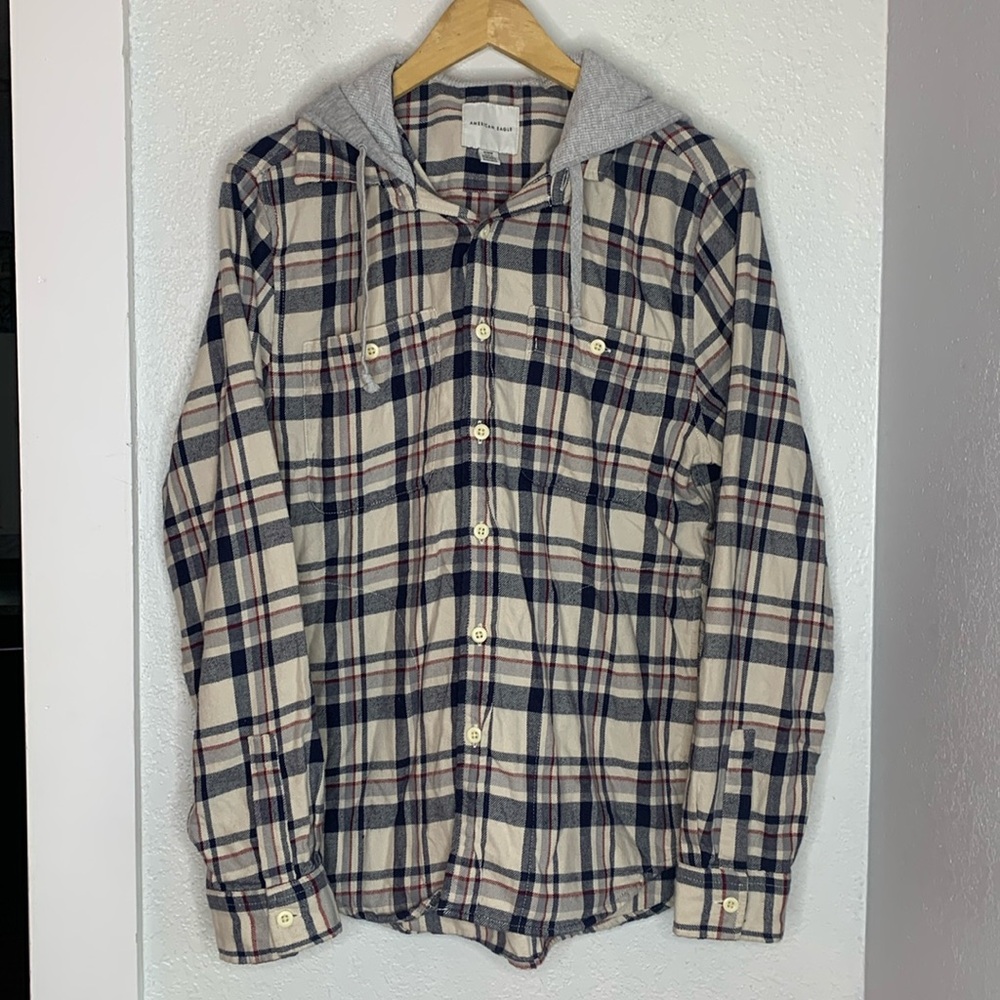 American Eagle Plaid Hooded Button Front Shirt Jacket Shacket Med Grunge Skater
